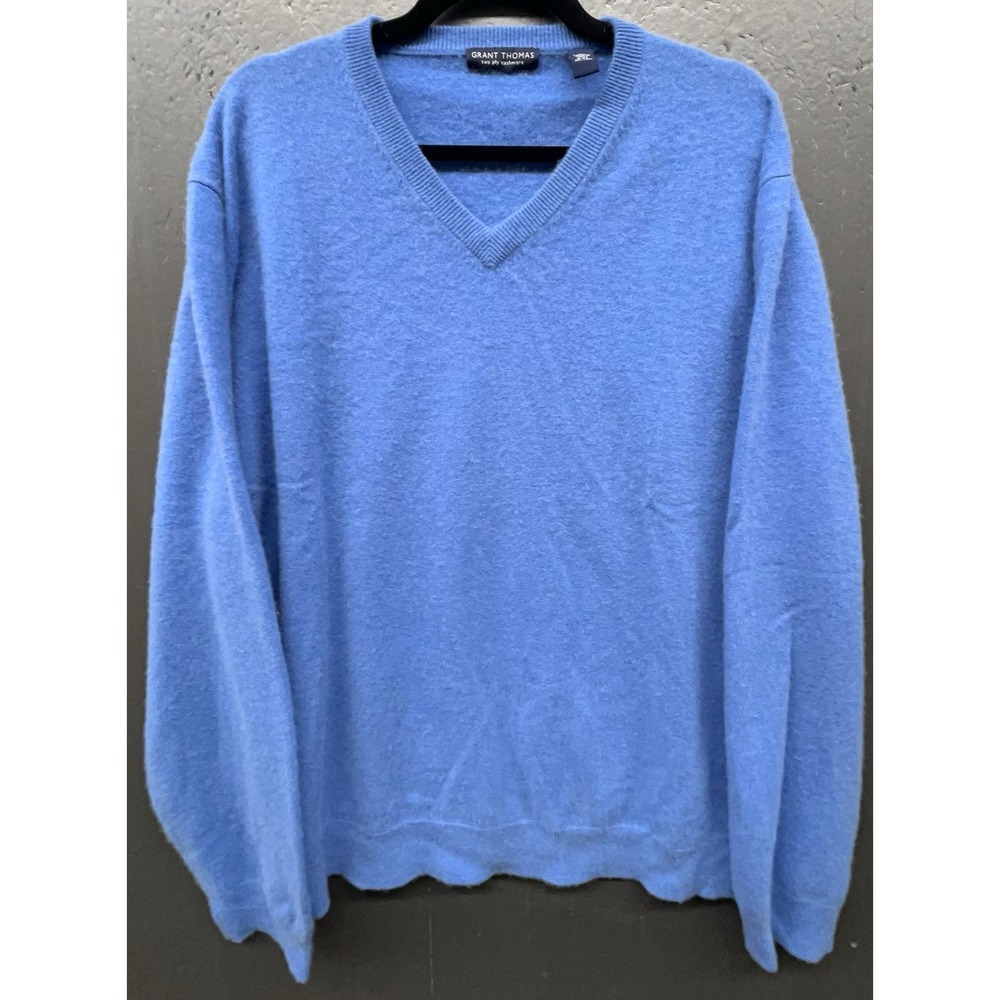 Grant Thomas 2‎ Ply Cashmere Sweater Men 2XL Sky Blue V Neck Soft Preppy Classic